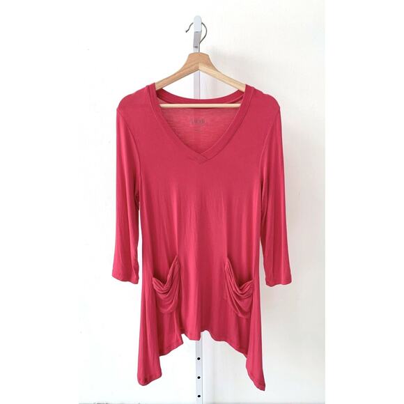 LOGO Lori Goldstein XS V Neck 3/4 Sleeve Knit Tee Top Tunic Slouchy Pockets Pink - Picture 7 of 12
